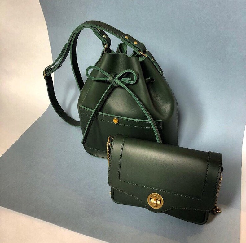 La Lisette Leather bucket bag Forest green shoulder bag womens bag green leather bag image 3