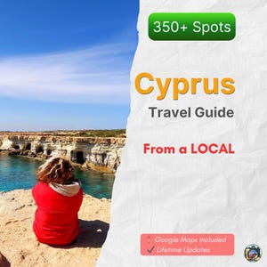 Peut inclure: Un guide de voyage pour Chypre avec le titre "Cyprus Travel Guide" en texte orange. Le guide comprend le texte "From a LOCAL" en rouge. L'image comprend également le texte "350+ Spots" dans un encadré vert.