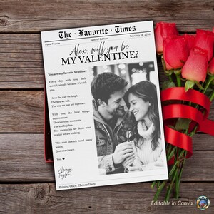 Modelo de jornal para o Dia dos Namorados, Cartão de jornal personalizado com foto, Arquivo digital editável e imprimível.
