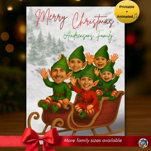Tarjeta navideña familiar de elfos editable, divertida tarjeta personalizada con foto en trineo de elfos, imprimible y animada, tamaños familiares personalizados, plantilla de Canva