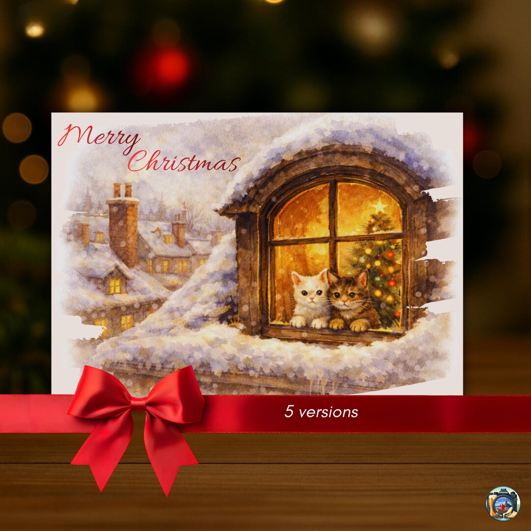 Christmas Cats Card EDITABLE, Printable Digital, Cozy Winter Cats ...