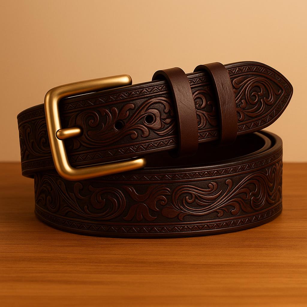 Men's Vintage Leather Belt – Western Floral Carving, Hand-Embossed, Adjustable Classic Belt - View #2