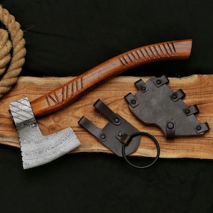 Handmade Damascus Steel Viking Survival Axe Hand Forged Axe Rose Wood Handle Groomsmen and Husband Gift Wedding Gift