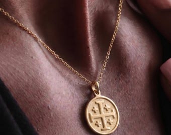 14K Gold Jerusalem Cross Necklace, Christian Protection Pendant, Engraved Cross Medallion, Orthodox Charm, Baptism Gift Jewelry