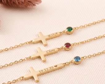 14K Gold Birthstone Cross Bracelet | Custom Name Bracelet | Cross Jewelry | Tiny Engraved Faith Bracelet | Baptism Gift for Mom