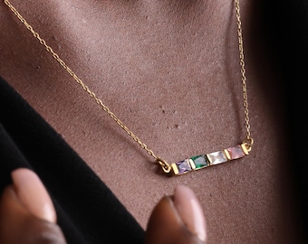 14K Gold Baguette Birthstone Necklace: Personalized Family Jewelry