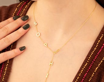 14K Gold Personalized Lariat Name Necklace: Custom Y Drop Initial