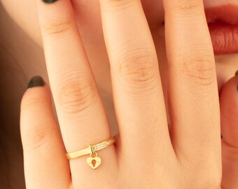 14K Gold Heart Dangle Ring | Heart Charm Ring | Custom Heart Ring | Thin Signet Stone Ring | Delicate Gold Signet Charm | Love Ring