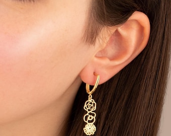 14K Gold Birth Flower Dangle Earrings | Personalized Bouquet Jewelry