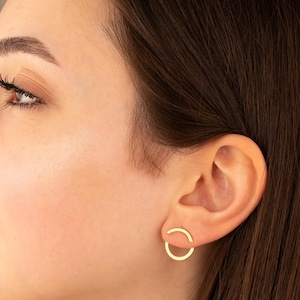 14K Gold Ear Jacket Earrings | Round Circle Ear Jacket Studs | Dainty Geometric Front Back Earrings | Everyday Gold Suspender Earrings