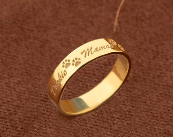 14K Gold Pet Paw Print Ring | Custom Name, Dog Mom Gift
