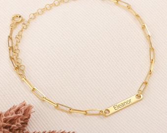 14K Gold Dainty Name Bar Bracelet | Engraved Bar Plate | Custom Paperclip Chain | Multi Family Name Bracelet | Mini & Multiple Name Bar