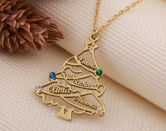14K Gold Christmas Tree Name Necklace: Personalized Birthstone Family Pendant