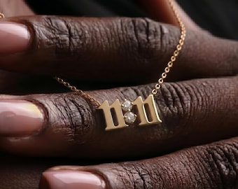 14K Gold 11:11 Angel Number Necklace, Manifestation Pendant with Stone, Spiritual Awakening Jewelry, Lucky Number 1111 Charm Gift