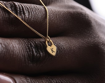 14K Gold Custom Initial Heart Necklace | Heart Pendant | Tiny Letter Choker | Personalized Padlock Charm | Valentine's Gift for Her
