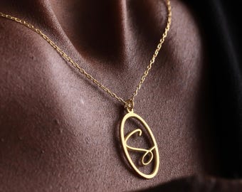 14K Gold Oval Initial Necklace , Custom Letter Pendant for Women ,  Trending Custom Jewelry , Birthday & Mothers Day Gifts