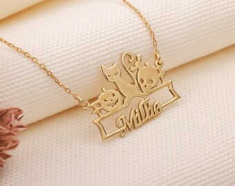 14K Gold Cat Pumpkin Name Necklace | Hallowen Name Pendant | Personalized Gothic Jewelry | Hallowen Day Gift