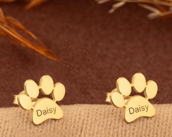 14K Gold Paw Print Name Earrings | Custom Pet Name Jewelry | Personalized Dog Paw Stud Earrings | Pet Lover Mother Gift | Christmas Gift