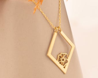 14K Gold Geometric Birth Flower Ring Keeper Necklace | Minimalist Ring Holder Pendant | Custom Nameplate with Floral Charm