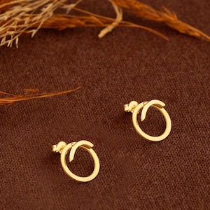 Peut inclure: Une paire de boucles d'oreilles dorées. Chaque boucle d'oreille présente un design circulaire avec un accent incurvé. Les boucles d'oreilles sont présentées sur une surface marron, avec des plantes séchées en arrière-plan. Bijoux.