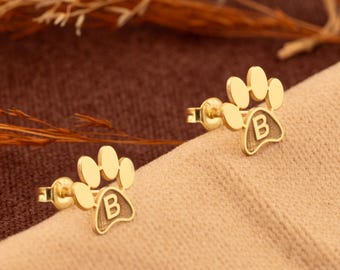 14K Gold Custom Paw Print Initial Earrings, Engraved Pet Name Jewelry, Dog Mom Gift, Paw Earrings, Memorial Pet Keepsake