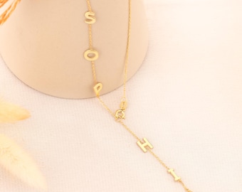 14K Gold Custom Lariat Name Necklace | Sleek Y-Shaped Drop Design | Dainty Asymmetrical Necklace | Modern Minimal Jewelry for Everyday Glam