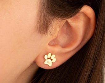 14K Gold Custom Pet Paw Earrings, Engraved Name Jewelry