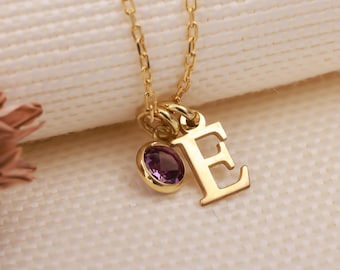 14K Gold Birthstone Initial Necklace | Dainty Letter Pendant | Family Birthstone Jewelry | Personalized Charm | Custom Nameplate Gift