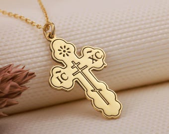 14K Gold Greek Orthodox Cross Necklace | IC XC NIKA Pendant | Dainty Crucifix Necklace | Tiny Christian Jewelry | Orthodox Gift for Her