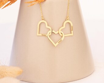 14K Gold Three Name Heart Necklace | Personalized Mothers Heart Necklace |Custom Multiple Heart Name Necklaces |Gift for Mom with Kids Names
