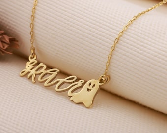14K Gold Custom Ghost Name Necklace | Dainty Halloween Pendant | Gothic Name Jewelry | Spooky Tiny Ghost Pendant | Halloween Gift for Women
