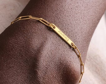 14K Gold Paperclip Multi Name Bracelet | Dainty Name Bracelet | Mini Bar Engraved Charm | Four Name Bracelet | Family Name Jewerly Gift