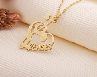 14K Gold Musician Name Necklace | Music Symbol Pendant | Custom Musical Gift for Her | Treble Clef Heart Necklace | Music Note Jewelry
