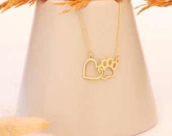 14K Gold Heart Paw Necklace | Interlock Paw Print Pendant | Dainty Dog Mom Jewelry | Linked Paw Necklace | Pet Lover Gift