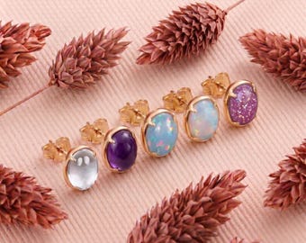 14K Gold Opal Stud Earrings, Ethiopian Opal Jewelry, Tiny Opal Stone Studs, Hidden Meaning Gemstone, Gift for Bridesmaids