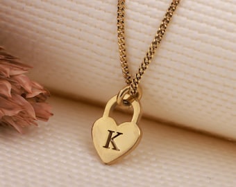 14K Gold Initial Heart Necklace | Engraved Heart Pendant | Custom Love Jewerly | Personalized Padlock Charm | Bridesmaid Gift