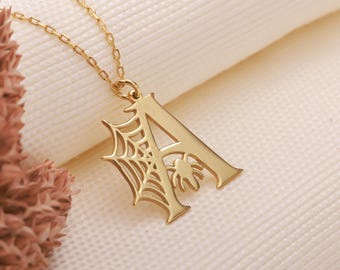 14K Gold Initial Spider Necklace | Gothic Letter Pendant | Custom Initial Necklace | Personalized Halloween Gift | Spider Web Name Necklace