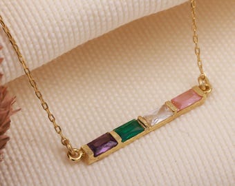 14K Custom Gold Baguette Birthstone Necklace |  Family Gemstone Jewelry | Personalized Birth Month Pendant | Christmas Gift for Her