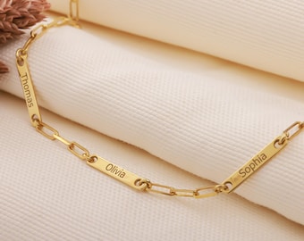 14K Gold Custom Name Bar Necklace , Paperclip Chain ,   Multiple Family Name Bar Necklace , Custom Engraved Necklace for Her