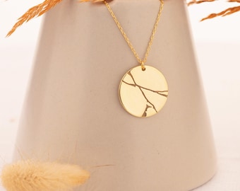 14K Gold Kintsugi Art Necklace | Japanese Jewelry | Custom Initial Kintsugi | Disc Necklace | Kintsugi for Women and Men Pendant