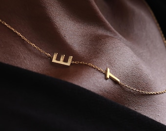 14K Gold Sideways Initial Necklace | Asymmetrical Letter Pendant | Tiny Gold Initial Choker | Christmas Gift for Her | Custom Letter Jewelry