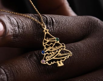 14K Gold Christmas Tree Name Necklace | Birthstone Christmas Pendant | Family Necklace | Christmas Gift for Daughters