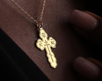 14K Gold Tiny Orthodox Cross Necklace | Custom Crucifix Pendant | Cross Jewelry | Dainty Eastern Orthodox Charm | Greek Gift Necklace