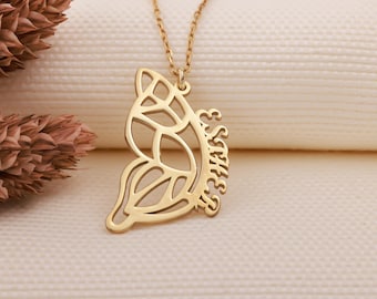 14K Gold Butterfly Wing Necklace | Custom Name Pendant | Butterfly Name Necklace | Couple or Best Friend Gift | Personalized BFF Jewelry