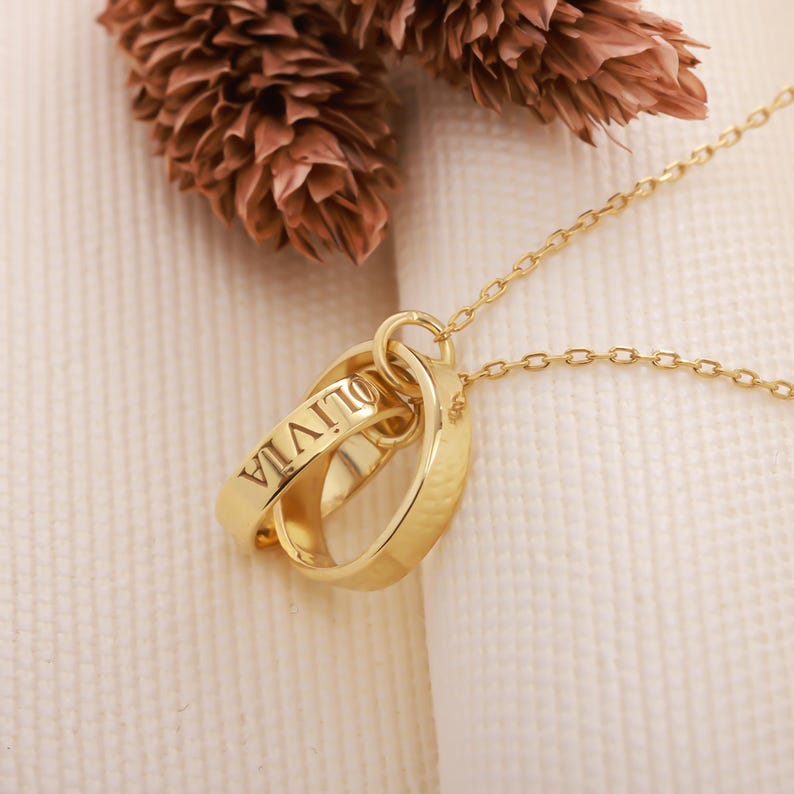 14K Gold Interlocking Rings Name Necklace | Double Circle Pendant | Two ...