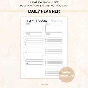 Daily Planner Printable, Daily To Do List for Work/ Home, Daily Organiser, Undated Planner Inserts, A4,Letter,A5