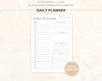 Può includere: Un planner giornaliero stampabile in bianco e nero con sezioni per l'orario, le 3 priorità principali, i promemoria, le affermazioni quotidiane e le cose da fare. Il planner ha un design semplice ed è perfetto per organizzare la tua giornata.