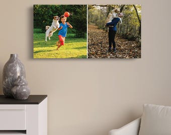 Puede incluir: Un collage fotográfico dividido en dos imágenes. La imagen de la izquierda muestra a un niño jugando a buscar con un perro blanco en un campo de hierba. La imagen de la derecha muestra a una persona sosteniendo un perro en sus brazos en una zona boscosa.