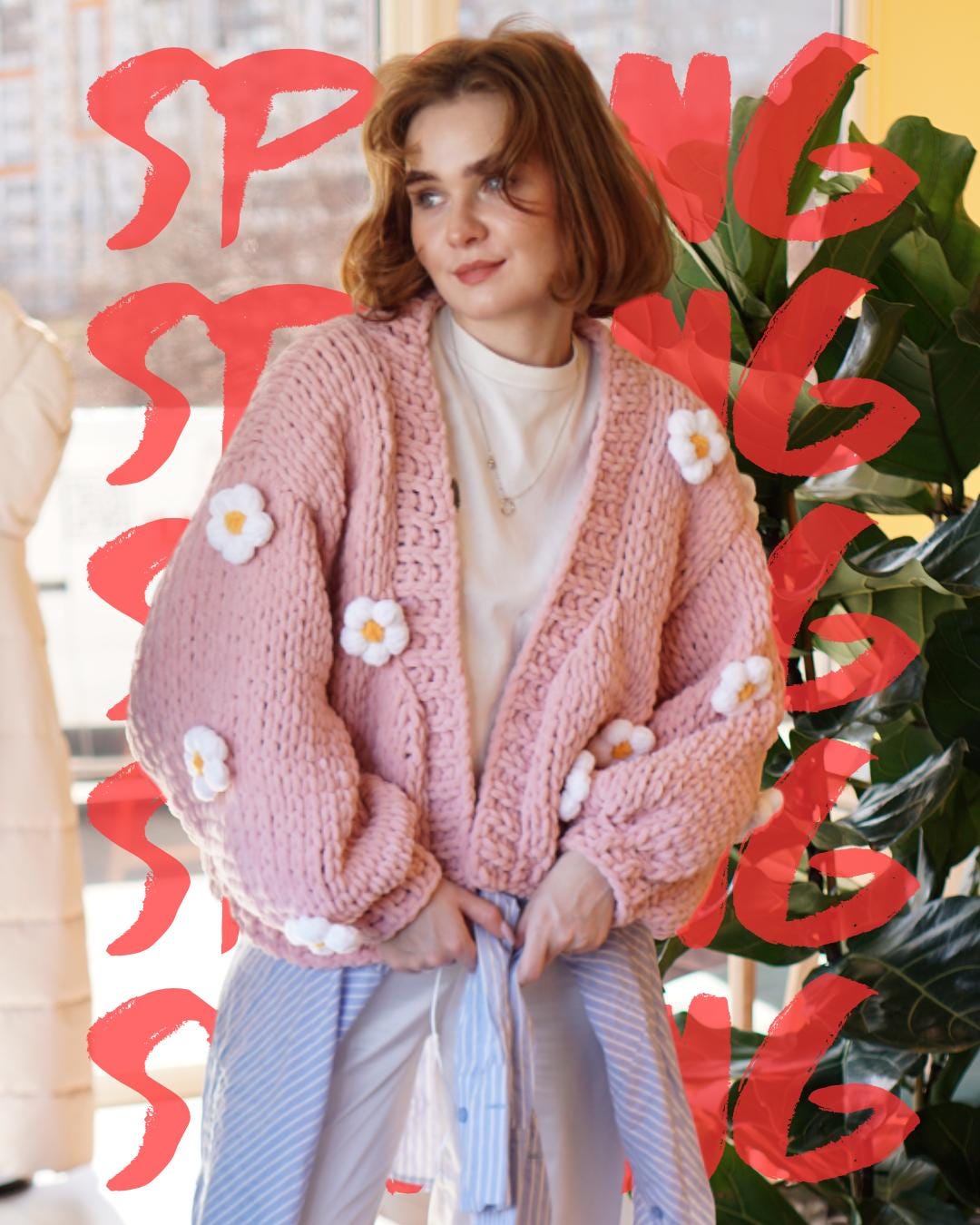 Soft Pink Cardigan, Crochet Puffer Flower Sweater, Pink Floral Cardigan ...