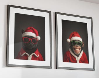 Funny Christmas Animal Poster Set – Santa Cat & Santa Monkey | Instant Download